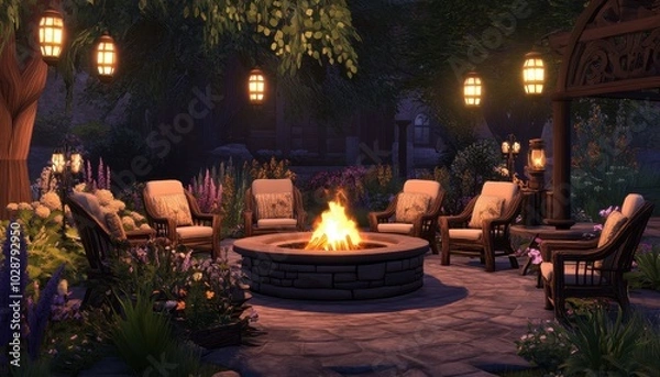 Fototapeta Luxurious outdoor seating area with chairs around a cozy fire pit at night