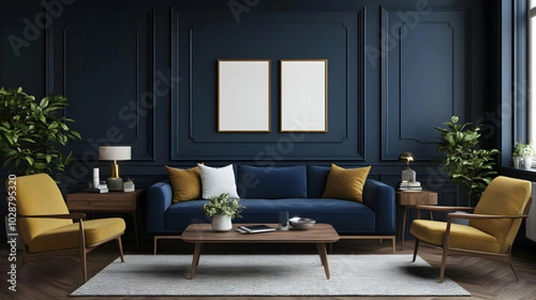 Obraz Modern living room with navy walls and stylish furniture arrangement.
