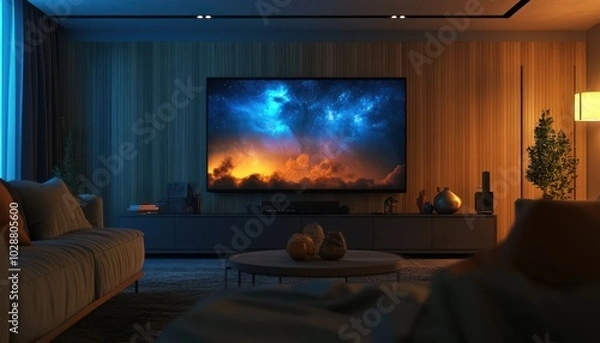 Fototapeta Elegant living room showcasing a large TV screen with captivating visuals