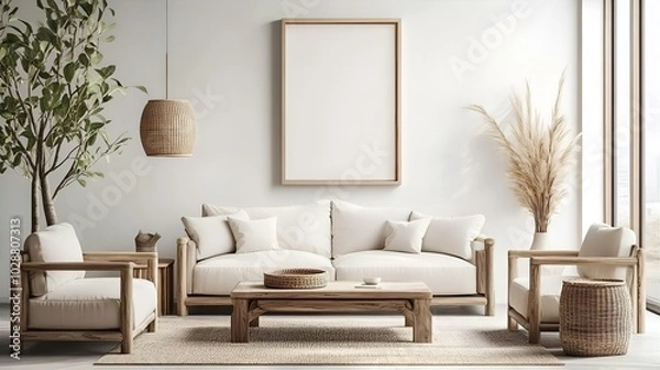 Fototapeta Cozy modern living room featuring a stylish sofa, contemporary furniture, and warm decor, creating a luxurious and inviting atmosphere in a chic apartment setting