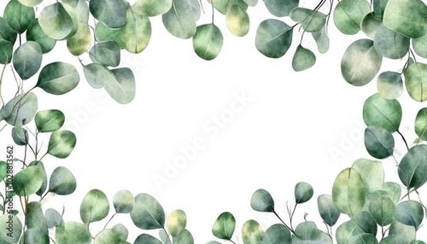 Fototapeta Eucalyptus twig watercolor border frame on a transparent background