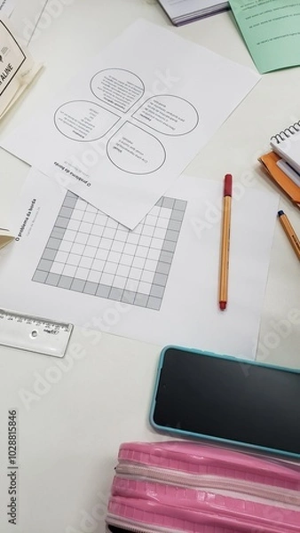 Obraz Various math activities on the table, some notebooks and markers