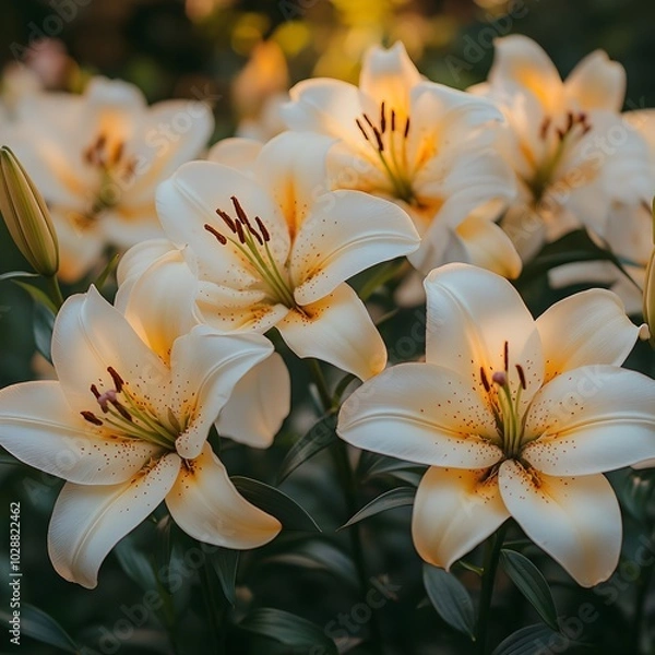 Fototapeta Lilies in the morning light: elegance and grace A peaceful depiction of colorful lilies blooming in the soft morning light, creating a serene atmosphere.