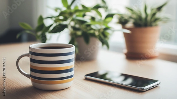 Fototapeta コーヒーとスマートフォンのある静かな朝