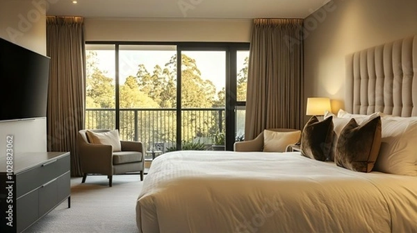 Fototapeta Cozy hotel bedroom with modern interior design, featuring a comfortable bed, stylish furniture, large windows, and soft lighting