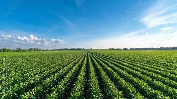 Obraz Vast green farmland under a clear blue sky, showcasing neatly aligned rows of crops stretching into the horizon. Ideal for agriculture themes.