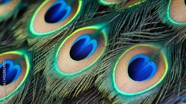 Fototapeta Close-up of a Peacock Feather with Vibrant Blue Eyespots