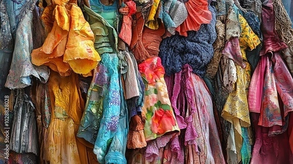 Fototapeta A vibrant display of colorful hanging fabrics showcasing various textures and patterns, perfect for creative projects and design inspiration.