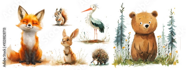 Fototapeta Watercolor Cute Woodland Tribal Animals Illustration, vector