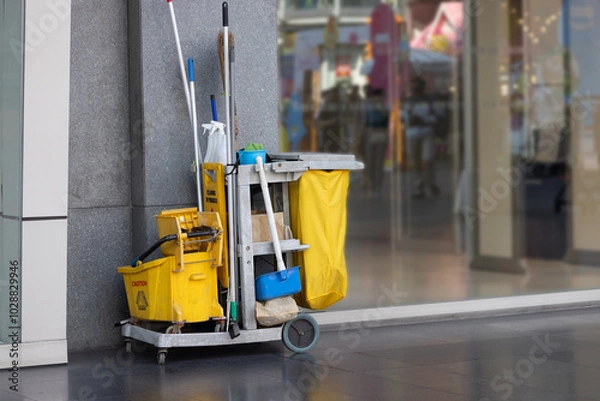 Obraz A yellow cleaning cart with a yellow bucket and a blue mop