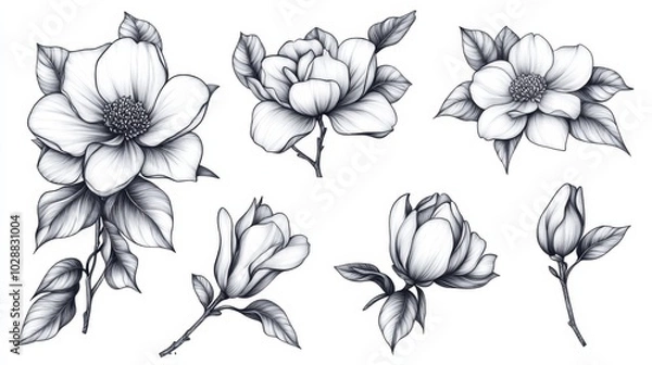 Fototapeta A set of magnolia flowers and leaves in a tattoo style, elegantly arranged in black and white with intricate scratchboard-style engraving.