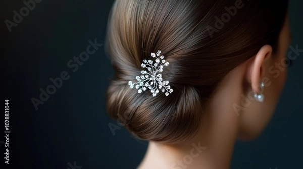 Fototapeta Close-up on the sleek low bun of a beautiful bride, with a sparkling hair comb accenting the style, showcasing a modern and sophisticated wedding look.