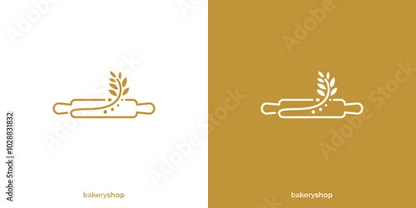 Obraz Creative Rolling Pin, Wheat, Bakery Logo Designs with Lineart Outline Style. Bakery Shop Logo, Icon, Symbol, Vector, Design Inspiration.