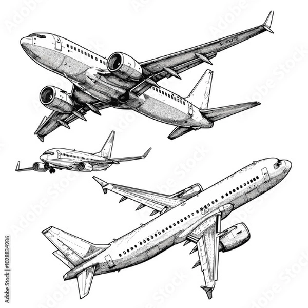 Fototapeta Set of Plane flies in sky clouds, vector sketch illustration. Air travel, tourism flight, plane tickets booking hand drawn isolated design elements