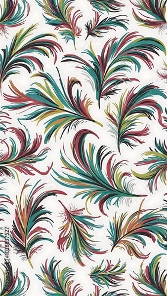 Fototapeta Colorful feathers with abstract lines on white background. Seamless background pattern. Fabric wallpaper print texture.