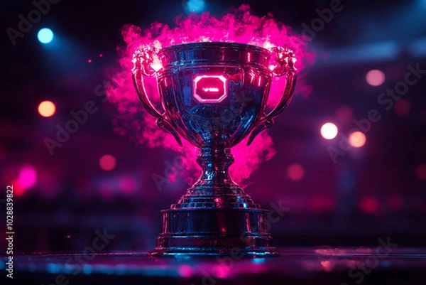 Fototapeta 3d futuristic style esports winner trophy in isolated background. Champion trophy with advanced lightning.	