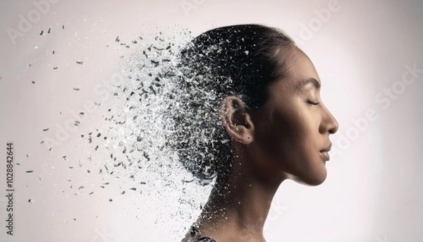 Fototapeta Abstract image of a person's profile with head disintegrating into particles, symbolizing evanescence or mental health