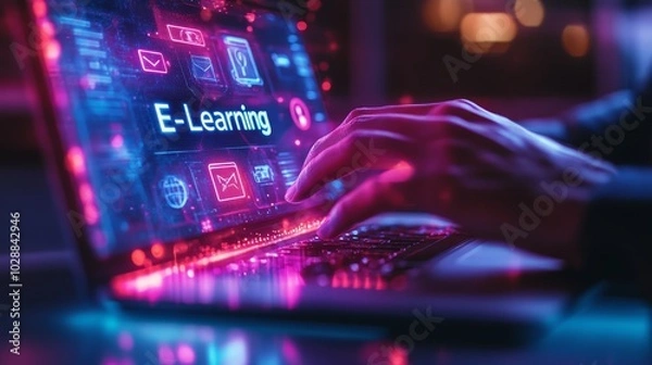 Obraz Hands typing on a futuristic glowing keyboard, with an illuminated digital display showing "E-Learning," symbolizing the advancement of online education and technology.