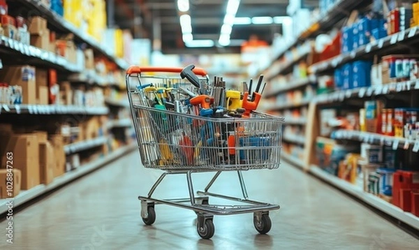 Fototapeta Shopping cart full of tools in a hardware store.