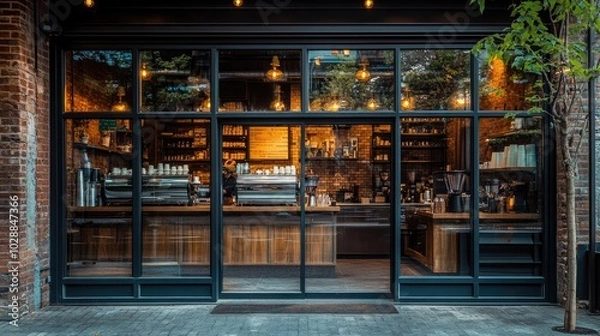 Fototapeta A cozy coffee shop with large glass windows, viewed from the city street, showcasing the inviting interior and counter for branding display.