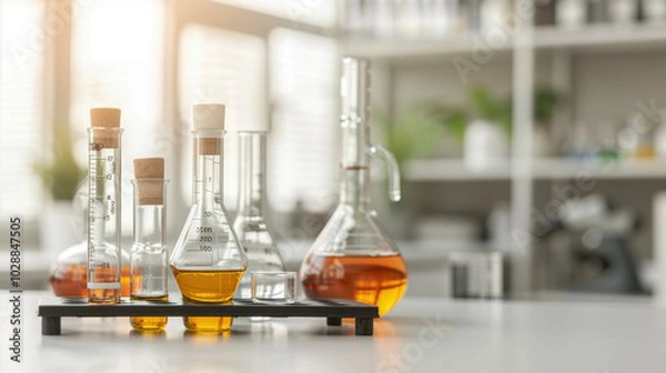 Fototapeta Laboratory equipment including flasks, beakers, and test tubes filled with colorful liquids, showcasing scientific environment filled with potential discoveries