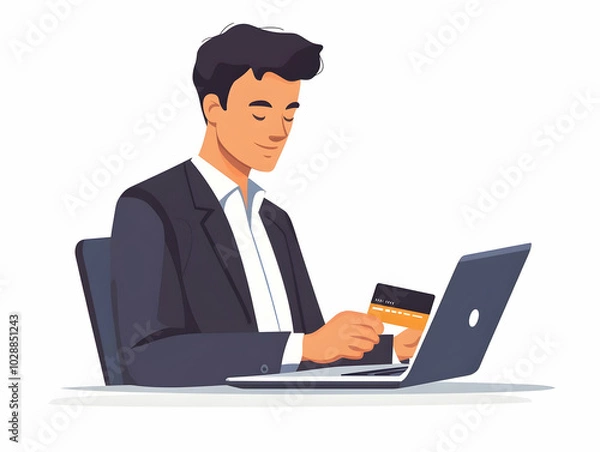 Fototapeta Flat illustration of a businessman multitasking: holding a credit card in one hand while typing on a laptop, focusing on online payment, minimalistic background, clean business atmosphere, and plenty 