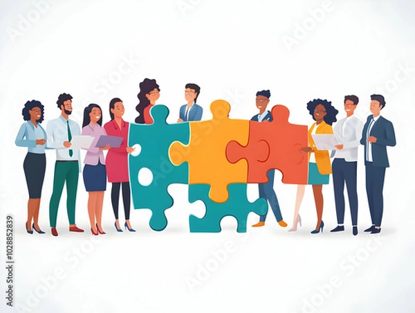 Fototapeta Flat vector illustration of diverse businesspeople connecting puzzle pieces, symbolizing teamwork and collaboration in problem solving, isolated on white background.