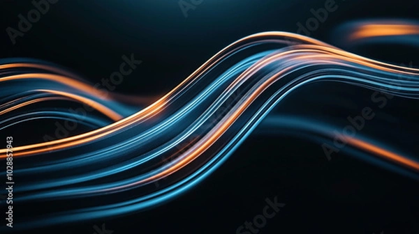 Obraz Abstract light patterns featuring dynamic flowing lines in blue and orange tones on a dark background, creating a modern and futuristic visual effect.