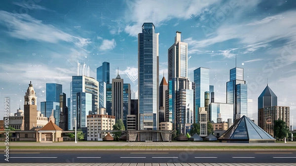 Fototapeta Modern city skyline with blue and gray skyscrapers, perfect for urban and technology concepts. 
