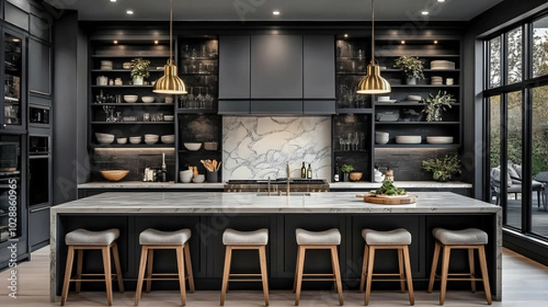 Fototapeta Modern kitchen with marble island and stylish decor.