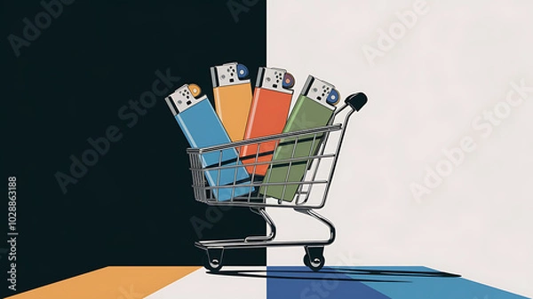 Fototapeta Colorful lighters in a shopping cart, minimal style, consumerism concept, everyday shopping. 
