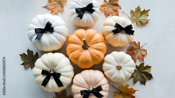 Fototapeta A cluster of small, decorated pumpkins in various shades of white and orange, surrounded by autumn leaves.
