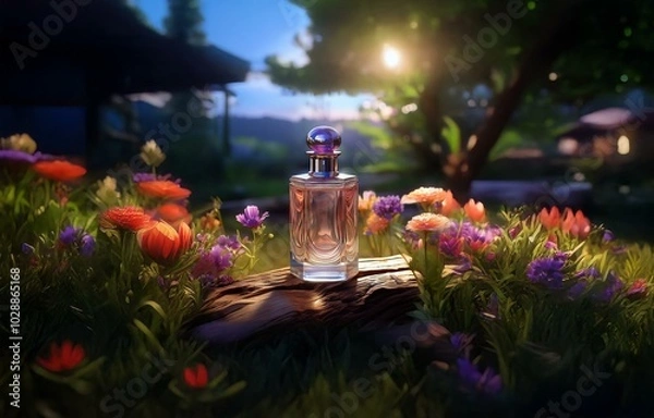 Fototapeta A glass bottle of perfume sits on a log surrounded by lush green foliage and colorful flowers. The sun shines through the leaves, creating a warm, magical atmosphere.