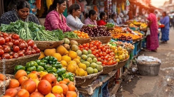Fototapeta Vibrant Fresh Produce at a Bustling Market Scene