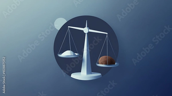 Fototapeta White and brown objects on a scale balanced in a minimalist style, representing justice, equality, and decision-making. 

