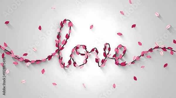 Fototapeta Romantic, stylized "love" lettering composed of intertwined pink leaves and branches, against a light gray background with falling petals.
