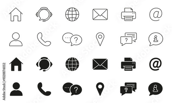 Fototapeta Communication, Contact, Online Support Services Line and Silhouette Icon Set. Email, Phone, and Location Symbol Collection. Editable Stroke. Isolated Vector Illustration