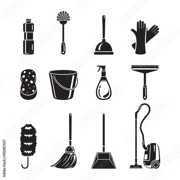 Fototapeta Cleaning, Home Appliances Icons Set, Monochrome, Housework, Appliance, Domestic Tools, Computer Icon, Cleaning, Symbol, Icon Set, Spring Season
