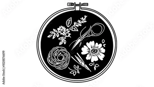 Fototapeta Cross-stitched ornament in embroidery hoop with thread and scissors, vector illustration art