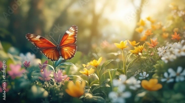 Fototapeta A peaceful garden full of vibrant flowers and lush greenery, with a butterfly resting delicately on a flower petal, captured in soft focus