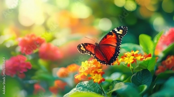 Fototapeta A bright and peaceful garden scene with blooming flowers, lush greenery, and a butterfly resting on a petal in soft focus, ideal for nature stock photos