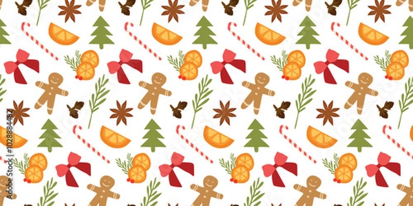 Fototapeta Christmas Seamless Pattern. Christmas and New year Holiday Repeatable Template, Vector Flat Decorative Elements Texture for Wallpaper, Gift Wrapping paper, Card, Banner, Fabric Textile Prints.