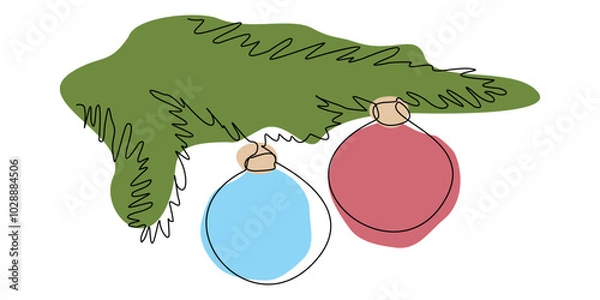 Fototapeta Continuous line drawing Christmas card with Fir branches, christmas balls. Vector Line art illustration for greeting card, invitation. Winter holidays poster, Decoration, Happy new year Design Element