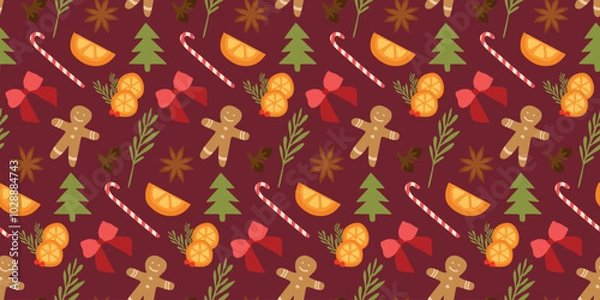 Fototapeta Cute hand drawn traditional Austrian and German Christmas cookies and baking stuff seamless pattern, great for textiles, napkins, table cloth, wrapping. Vector Flat design for Wrapping paper