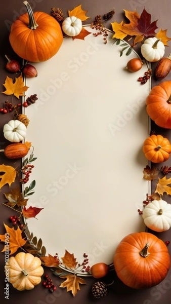 Fototapeta Fall border with pumpkins, pinecones, and colorful leaves on a blank background, ideal for autumn-themed invitations