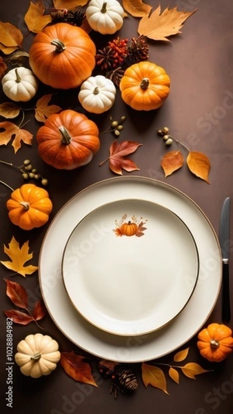 Fototapeta Fall border with pumpkins, pinecones, and colorful leaves on a blank background, ideal for autumn-themed invitations