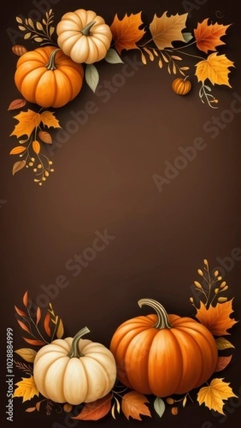 Fototapeta Fall border with pumpkins, pinecones, and colorful leaves on a blank background, ideal for autumn-themed invitations