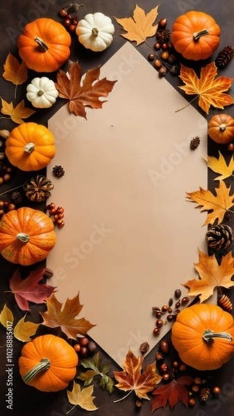 Fototapeta Fall border with pumpkins, pinecones, and colorful leaves on a blank background, ideal for autumn-themed invitations