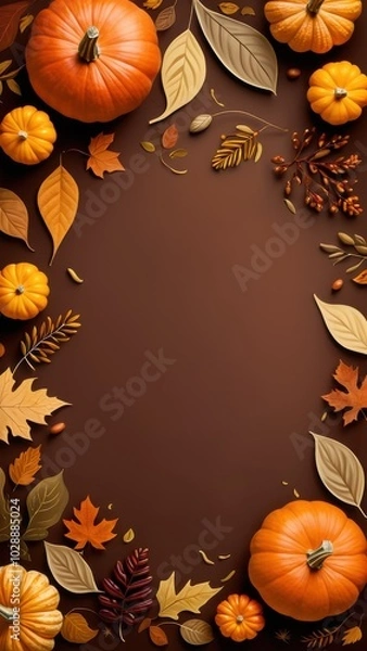 Fototapeta Fall border with pumpkins, pinecones, and colorful leaves on a blank background, ideal for autumn-themed invitations