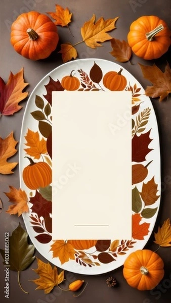 Fototapeta Fall border with pumpkins, pinecones, and colorful leaves on a blank background, ideal for autumn-themed invitations